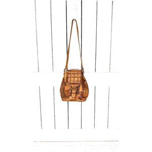 70’s vintage brown tooled patchwork leather drawstring bucket bag shoulder purse
